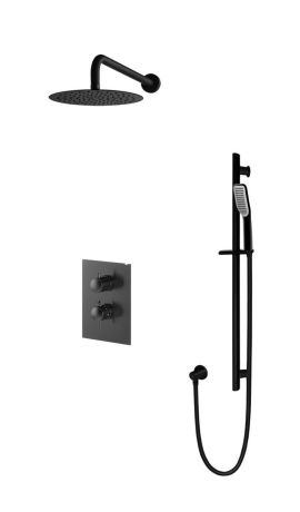 Przejdź do produktu Zestaw prysznicowy z okrągłą deszczownicą 25 cm, drążkiem ze słuchawką prysznicową i baterią termostatyczną w kolorze czarny mat Vedo Aletta VBA5224/25/TERMO/CZ