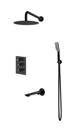 Przejdź do produktu Zestaw prysznicowy z okrągłą deszczownicą 25 cm, słuchawką prysznicową, wylewką i baterią podtynkową termostatyczną w kolorze czarny mat Vedo Aletta VBA5231/25/TERMO/CZ czarny mat 