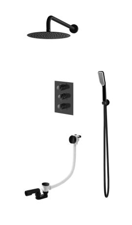 Przejdź do produktu Zestaw prysznicowy z okrągłą deszczownicą 25 cm, słuchawką prysznicową, przelewem wannowym i baterią podtynkową termostatyczną Vedo Aletta VBA5233/25/TERMO/CZ czarny mat