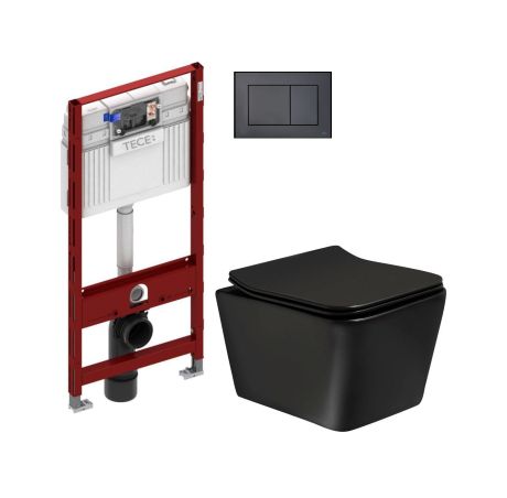 Przejdź do produktu Bezkołnierzowa miska prostokątna WC 36x52 cm Kerra ze stelażem podtynkowym Tece i czarnym przyciskiem TeceNow TinosBLM+Tece