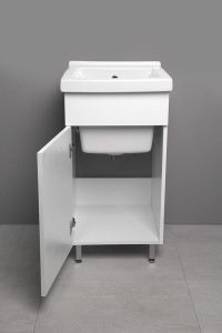 Zlew ceramiczny z szafką i syfonem w zestawie