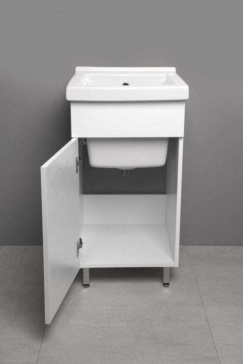 Zlew ceramiczny z szafką i syfonem w zestawie