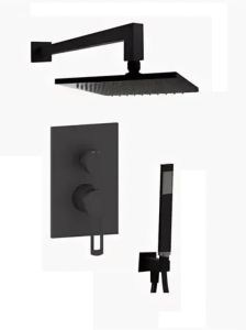 Czarny zestaw natryskowy podtynkowy z deszczownicą kwadratową 20x20 cm, baterią 2-drożną podtynkową i słuchawką prysznicową Paffoni Ringo RIN015ZSC3ANO