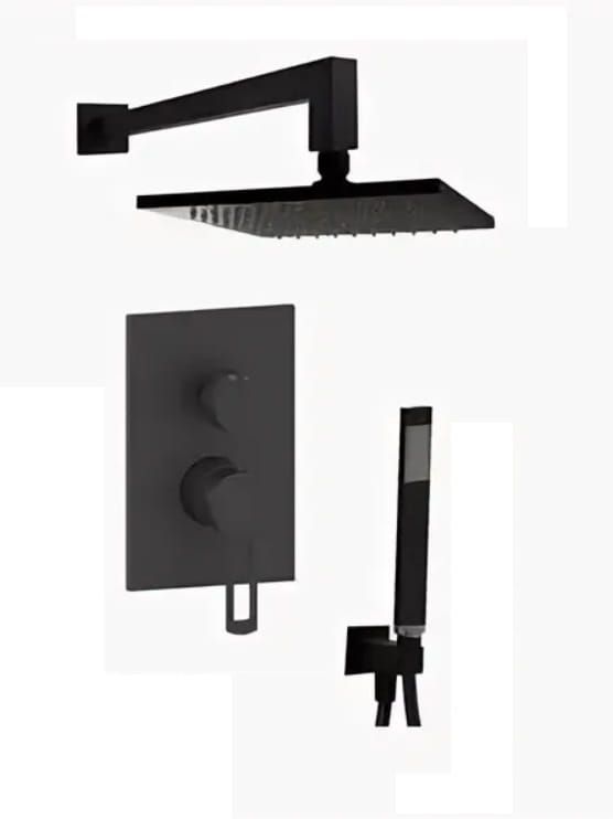 Czarny zestaw natryskowy podtynkowy z deszczownicą kwadratową 20x20 cm, baterią 2-drożną podtynkową i słuchawką prysznicową Paffoni Ringo RIN015ZSC3ANO