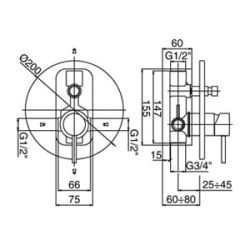 Bateria natryskowa podtynkowa Paffoni Light LIG015CR rysunek techniczny