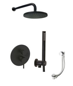 Czarny komplet natryskowo-wannowy z baterią prysznicową, deszczownicą 22,5 cm i syfonem z funkcją napełnienia wanny Paffoni Light LIG019ZWSCSU3ANO