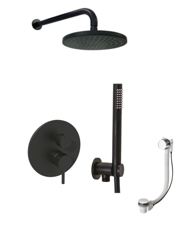 Czarny komplet natryskowo-wannowy z baterią prysznicową, deszczownicą 22,5 cm i syfonem z funkcją napełnienia wanny Paffoni Light LIG019ZWSCSU3ANO