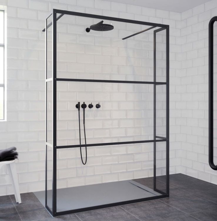 Ścianka prysznicowa 90 cm walk-in z czarnymi profilami i ściankami bocznymi Riho Grid GB404 G004030121