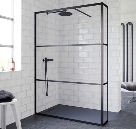Przejdź do produktu Kabina prysznicowa 90 cm walk-in z elementem stałym i czarnymi profilami Riho Grid GB402 G004037121