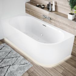 Wanna wolnostojąca narożna 184x84 cm z hydromasażem Sparkle i oświetleniem LED Riho Corner B087004105 biały mat prawa