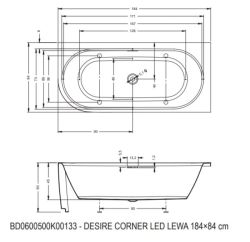 Wanna narożna 184x84 cm z podświetleniem LED Riho Desire Corner LED lewa B088002105 biały