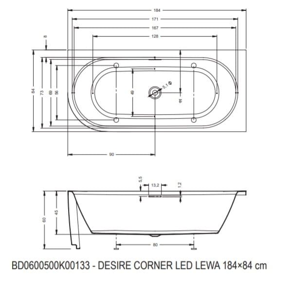 Wanna narożna 184x84 cm z podświetleniem LED Riho Desire Corner LED lewa B088002105 biały