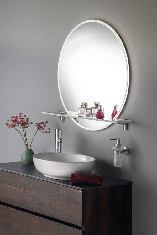 VISO lustro z podświetleniem LED, okrągłe, średnica 70cm, półką Rockstone, biały mat