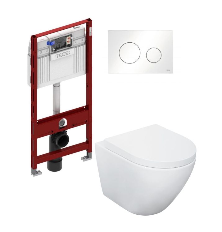 Bezkołnierzowa miska WC wisząca 37x49 cm Sanitop Ocura komplet ze stelażem podtynkowym Tece i białym przyciskiem Tece+048750+9240920