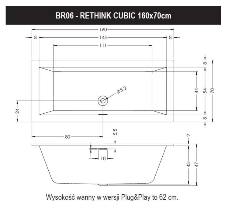 Wanna narożna prostokątna 160x70 cm do zabudowy Riho Rethink Cubic G001143120 biały połysk
