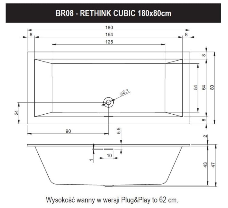Wanna prostokątna 180x80 cm do zabudowy Riho Rethink Cubic B106001005 biały połysk