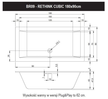 Przejdź do produktu Wanna prostokątna 180x90 cm do zabudowy Riho Rethink Cubic B107001005 biały połysk