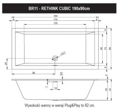 Wanna prostokątna 190x90 cm do zabudowy Riho Rethink Cubic B109001105 biały mat