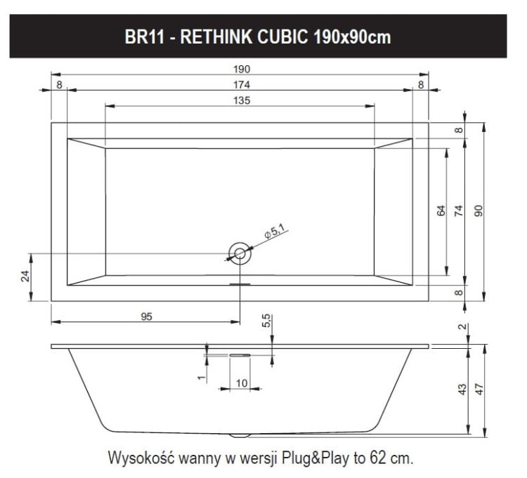 Wanna prostokątna 190x90 cm do zabudowy Riho Rethink Cubic B109001105 biały mat