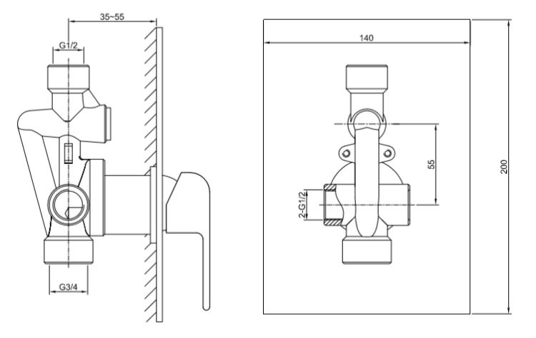 Bateria podtynkowa Kohlman Saxo QW220S chrom rys. tech.