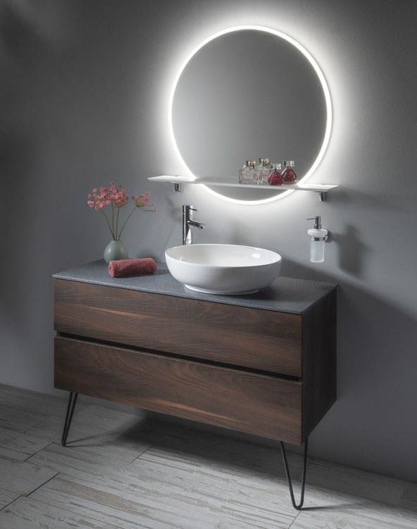 VISO lustro z podświetleniem LED, okrągłe, średnica 60cm, półką, biały mat