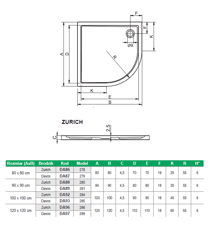 Brodzik półokrągły 80x80 cm płaski Riho Zurich DA86 biały połysk