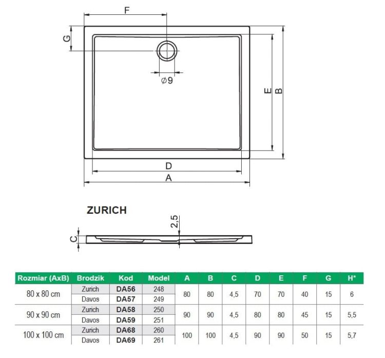 Brodzik kwadratowy płaski 100x4,5x100 cm Riho Zurich D001012005 biały połysk