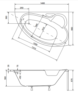 Wanna asymetryczna 150x95 cm Besco Bianka 150 prawa rys. tech.