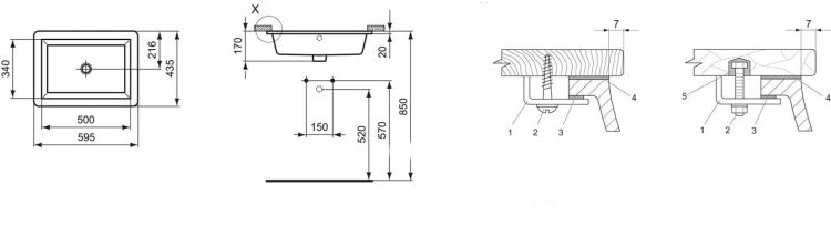 Umywalka podblatowa 59,5x44 cm Ideal Standard Strada K077901 rysunek techniczny