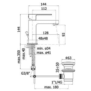 Bateria umywalkowa Paffoni EFFE EF071CR chrom bez korka rysunek techniczny