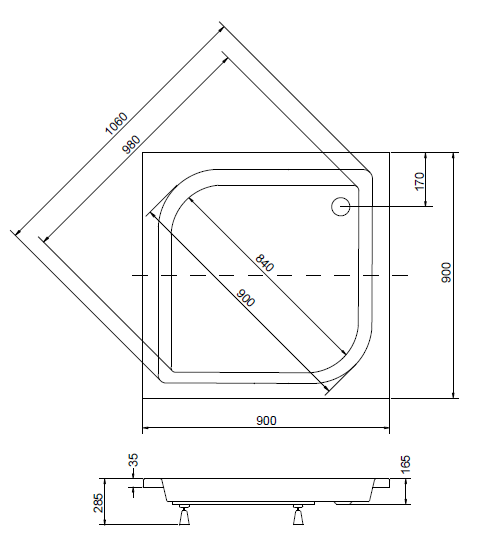 Brodzik kwadratowy 90x90x28,5 cm Besco Ares 90 rys. tech.