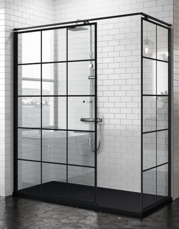 Przejdź do produktu Kabina prysznicowa walk-in 120x120 cm czarny mat Novellini Kuadra H Squares KUADH12081H+KUADH12081H+KUADHSFN-H
