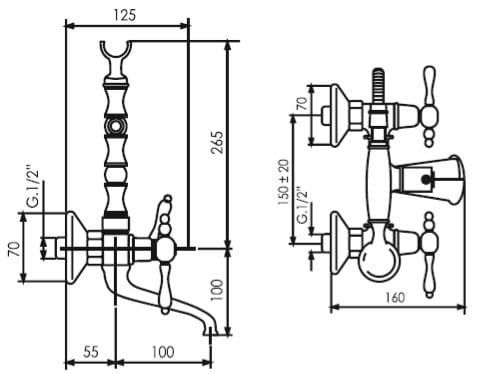 Bateria wannowa ścienna retro z wężem i słuchawką Giulini Praga 7500 bronzo rys.tech.