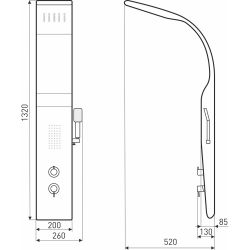 Panel prysznicowy Kerra Enzo z mieszaczem i hydromasażem czarno-biały rys. tech.