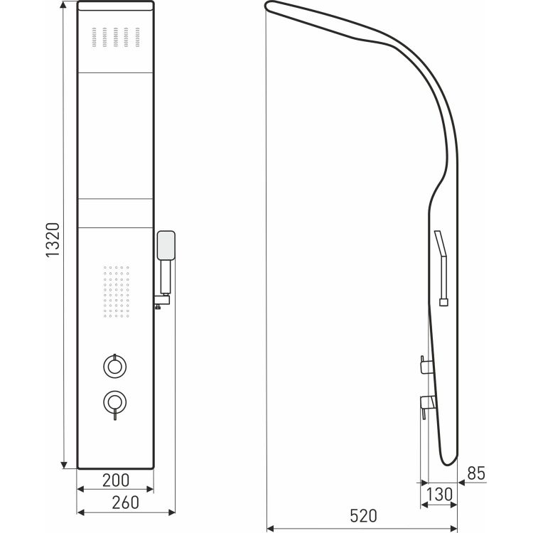 Panel prysznicowy Kerra Enzo z mieszaczem i hydromasażem czarno-biały rys. tech.