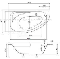Wanna asymetryczna 140x80 cm Besco Cornea 140 lewa rys.tech.