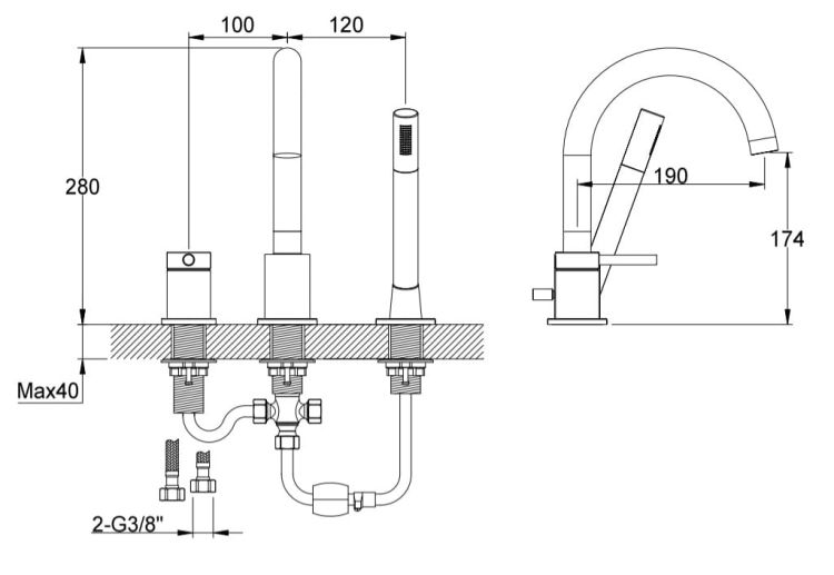 Bateria wannowa stojąca 3-otworowa ze słuchawką prysznicową złoty Kohlman Axel QB241AGD