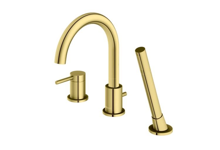 Bateria wannowa stojąca 3-otworowa ze słuchawką prysznicową złoty Kohlman Axel QB241AGD