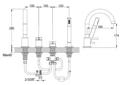 Złota bateria wannowa stojąca 4-otworowa ze słuchawką prysznicową Kohlman Axel QB244AGD