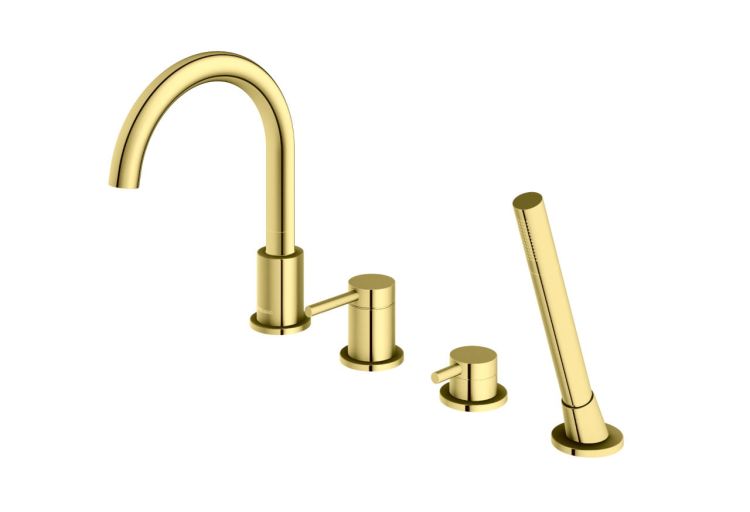 Złota bateria wannowa stojąca 4-otworowa ze słuchawką prysznicową Kohlman Axel QB244AGD