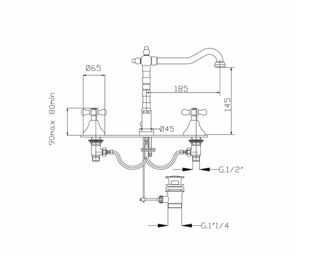 rysunek baterii umywalkowej 3-otworowej Victorian