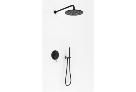 Przejdź do produktu Czarny zestaw prysznicowy z okrągłą deszczownicą 25 cm, słuchawką prysznicową i baterią podtynkową Kohlman Axel QW210ABR