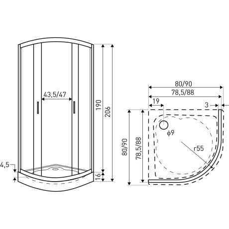 Przejdź do produktu Kabina natryskowa półokrągła 90x90 cm z dekorem białych pasów i brodzikiem Kerra Madera 90 chrom