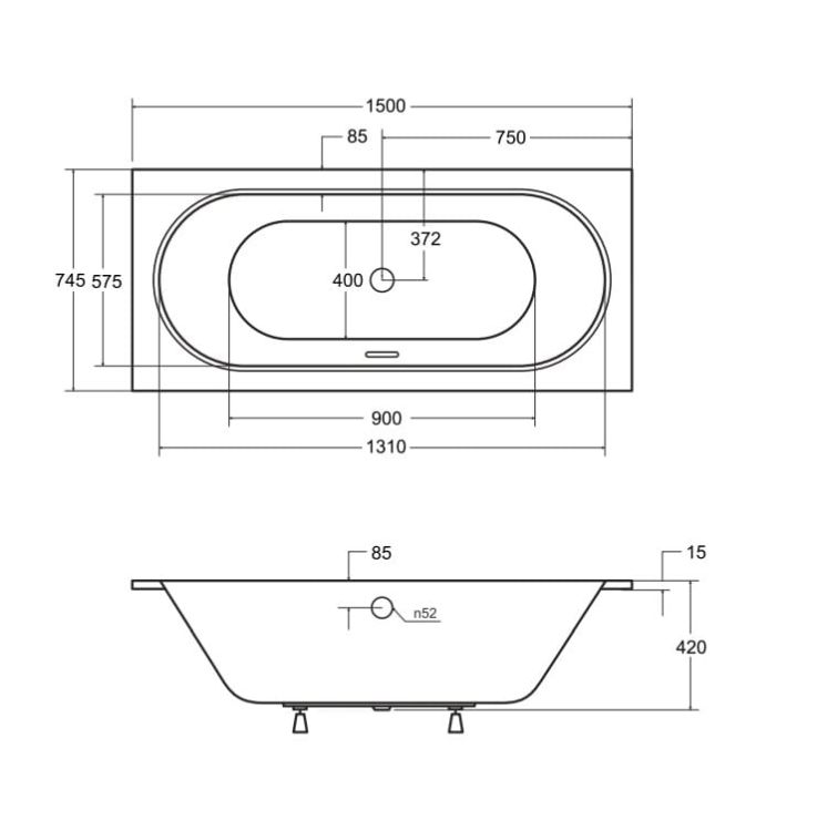 Wanna prostokątna 150x75 cm do zabudowy, z cienkim rantem i złotym przelewem Besco Vitae Slim+ #WAV-150-SZ+ biały połysk