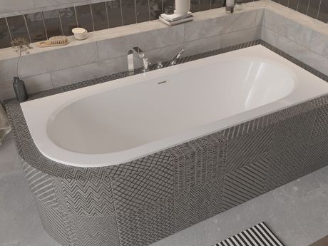 Przejdź do produktu Wanna asymetryczna 150x75 cm z ultra cienkim rantem i złotym przelewem Besco Avita Slim+ 150 prawa #WAV-150-PPZ biały