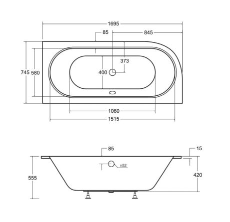 Przejdź do produktu Wanna asymetryczna 170x75 cm z ultra cienkim rantem i złotym przelewem Besco Avita Slim+ 170 prawa #WAV-170-PPZ biały