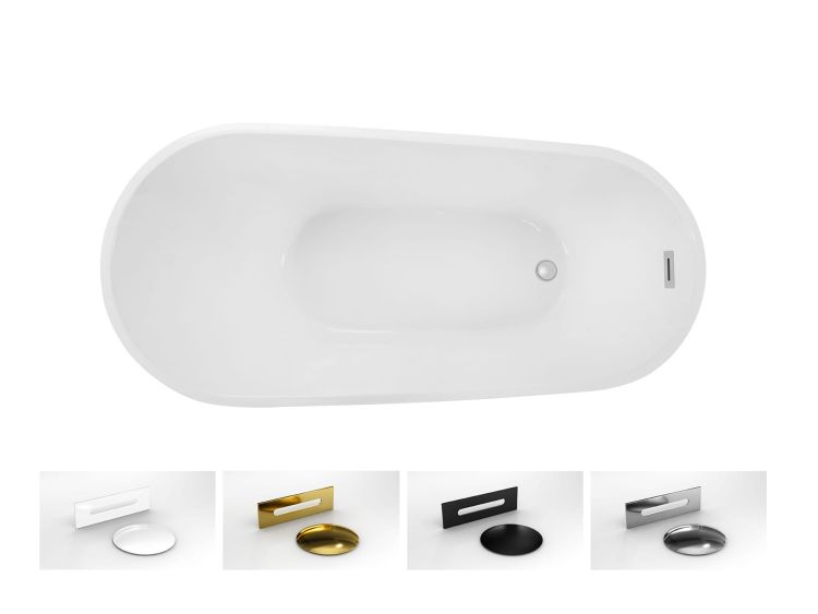 Wanna wolnostojąca akrylowa 150x80 cm z czarną maskownicą syfonu i przelewem Besco Melody #WAS-170-MCZ biały połysk - kolory maskownicy i przelewu do wyboru