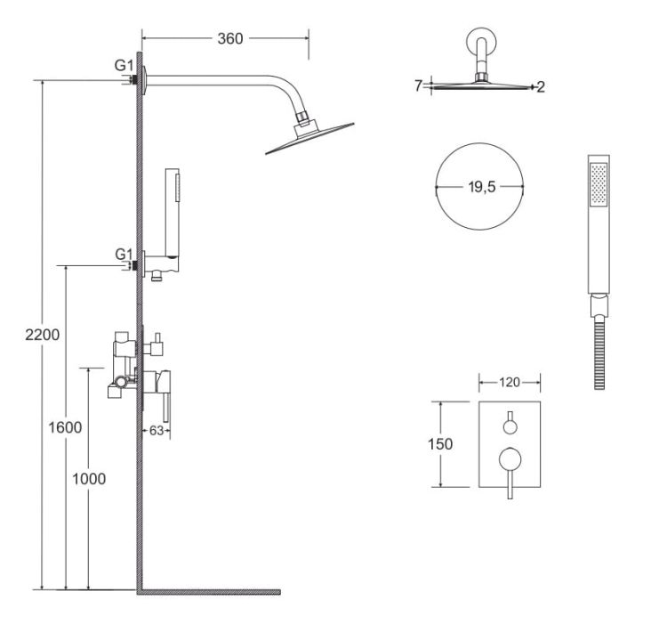 Zestaw natryskowy z okrągłą deszczownicą Ultraslim 20 cm, słuchawką prysznicową i baterią podtynkową Besco Decco/Illusion II BP-DIII