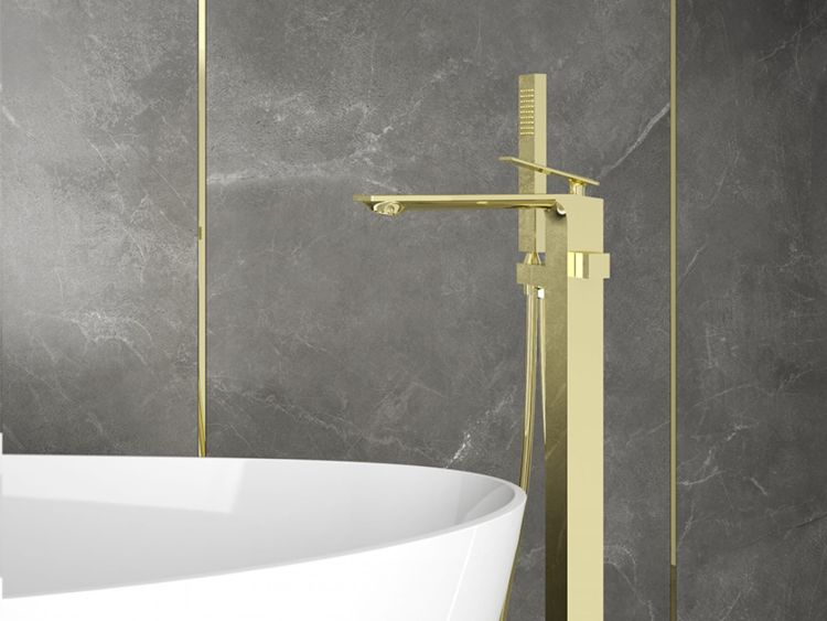 Złota bateria wannowa wolnostojąca 91 cm ze słuchawką prysznicową Besco Aspira BW-A-ZL