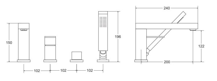 Bateria wannowa 4-otworowa ze słuchawką prysznicową Besco Modern/Varium BW-A4